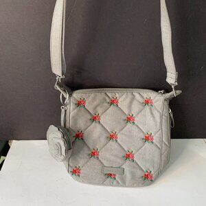 VERA BRADLEY CARSON HOBO QUILTED CROSSBODY GRAY Embroidered Flowers BAG W/WALLET
